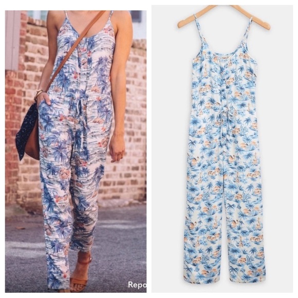 NWT Faherty Lelia blue white tropical print jumpsuit nwot 30556 - Picture 1 of 14